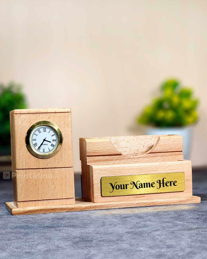 Multipurpose wooden texture mobile & pen stand with watch Design 05 - PrintMine Main