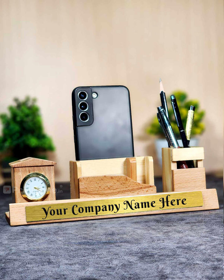 Wooden Texture Multipurpose Mobile Stand, Pen Stand with Watch Design 02 - PrintMine Main